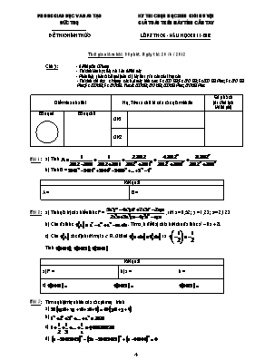 Đề thi chọn học sinh giỏi huyện giải toán trên máy tính cầm tay lớp 8 THCS Năm học 2011 - 2012